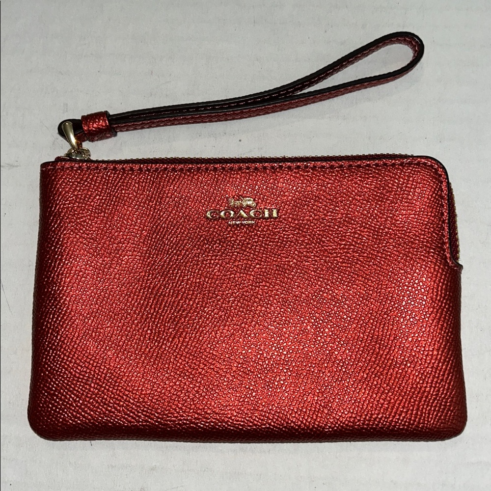 COACH Corner Zip Wristlet metallic red crossgrain leather gold-tone hardware